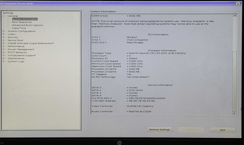 Dell Precision 3420, E3-1270v5 3.60GHz, 32GB DDR4, 256GB Nvme, Quadro K620 Q