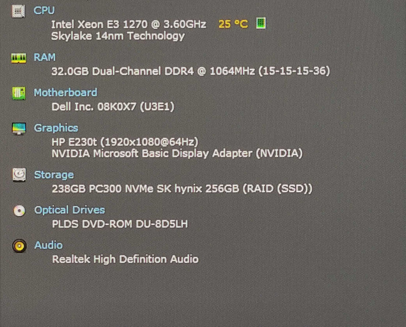 Dell Precision 3420, E3-1270v5 3.60GHz, 32GB DDR4, 256GB Nvme, Nvidia Quadro P600
