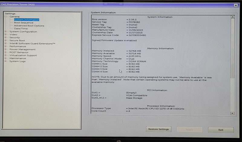 Dell Precision 3420, E3-1270v5 3.60GHz, 32GB DDR4, 256GB Nvme, Nvidia Quadro P600