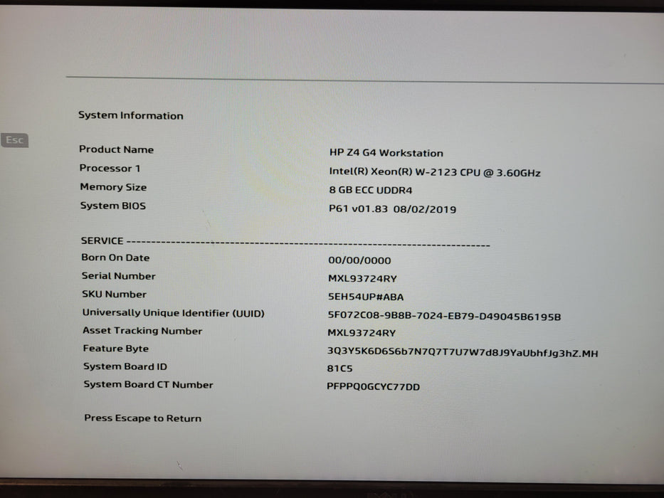 HP Z4 G4 Workstation - Xeon W-2123 8GB DDR4 NO HDD