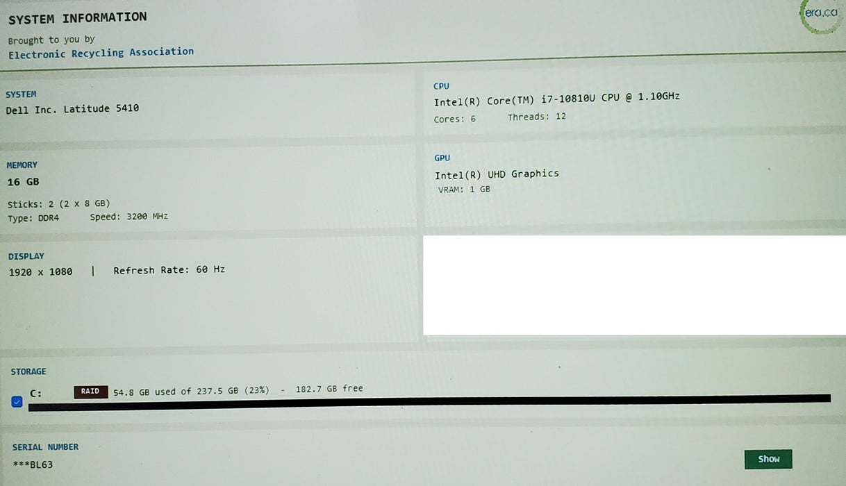Dell Latitude 5410 I7-10810U @ 1.1GHz 16GB 256GB