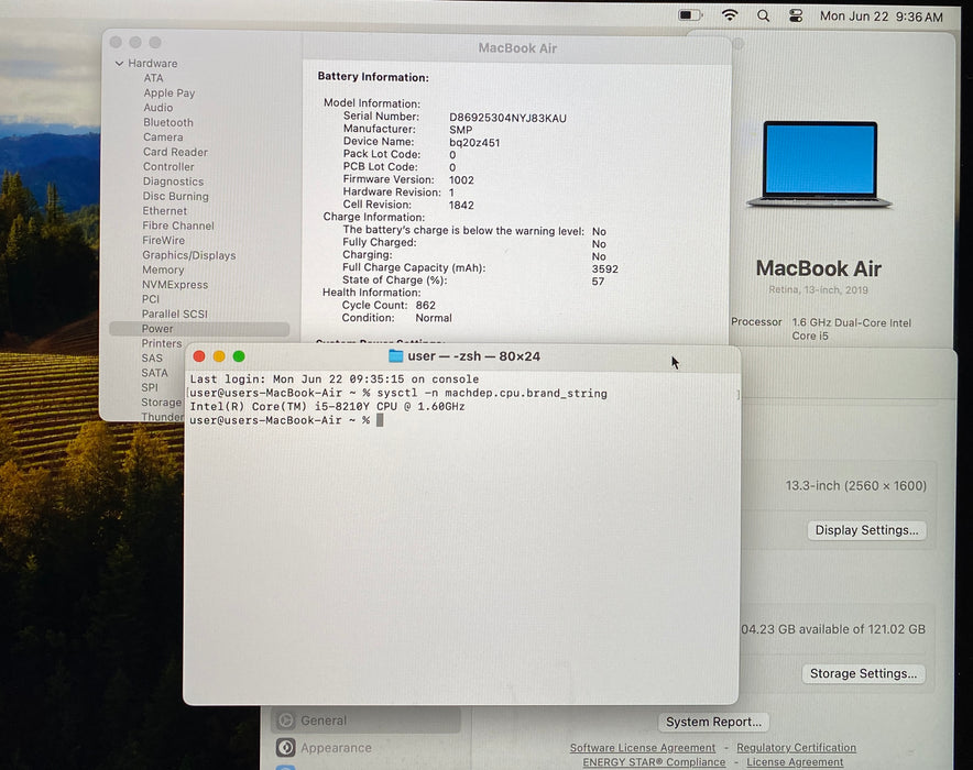 Apple MacBook Air 13" 2019 i5-8210Y 8GB RAM 128GB SSD No Power Adapter READ!