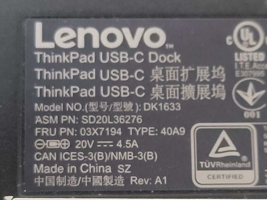 Lot of 4x Lenovo ThinkPad (1x USB-C DK1633, and 3x USB-C Gen2 LDC-G2) Docking