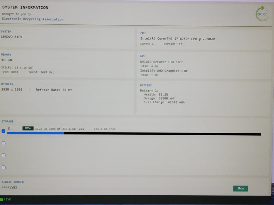 Lenovo Legion Y530-15ICH i7-8750H 16GB GB GTX 1050 DDR4 256GB NVMe READ