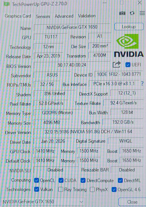 Asus TUF-GTX1650-04GD6-Gaming 4GB GDDR6 Graphics card