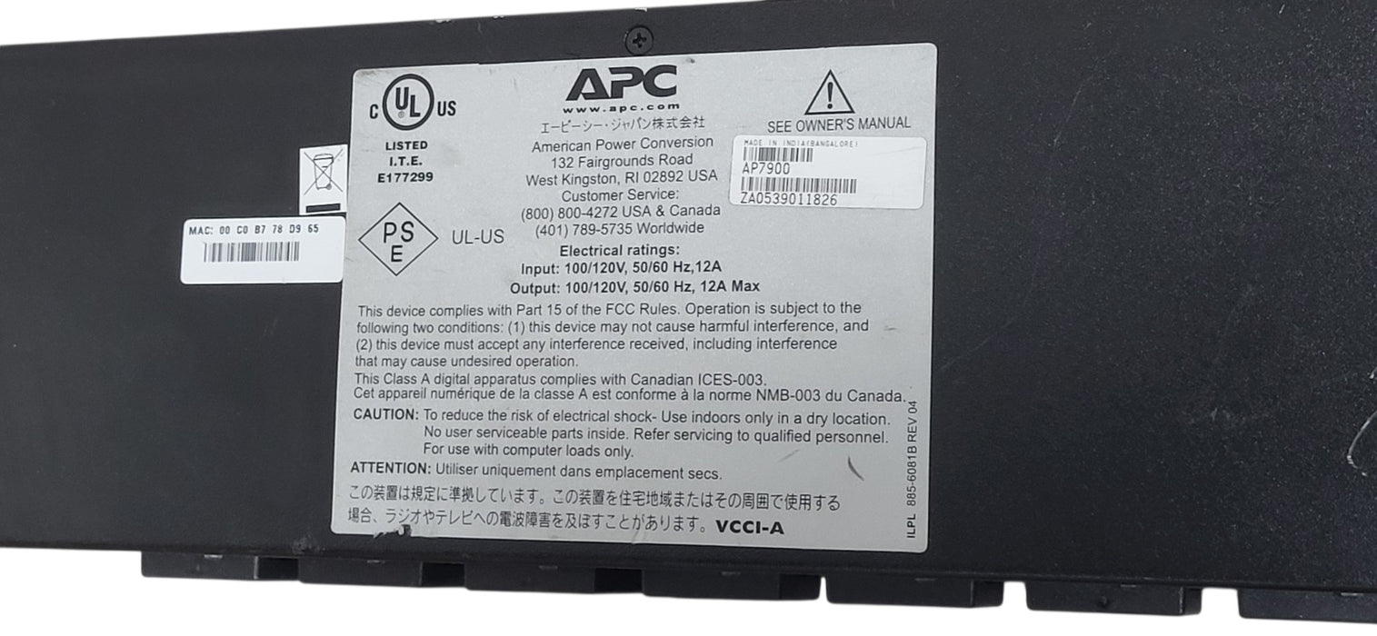 APC AP7900 Switched Rack PDU 1U 15A 120V 8-Outlet Remote Management PDU