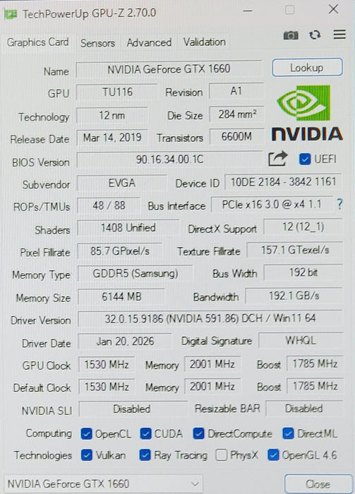 EVGA GeForce GTX 1660 6GB GDDR5 Graphics Card - 06G-P4-1161-KR