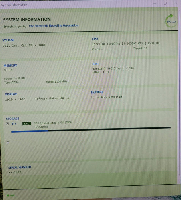 Dell OptiPlex 3080 | i5-10500T @ 2.30GHz 16GB DDR4 256GB NVMe