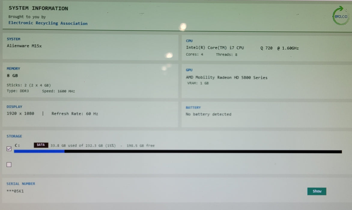 RETRO Alienware M15x i7 Q720 8GB DDR3 Radeon 5800 256GB SSD NO BATTERY READ