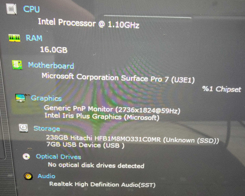 MS Surface Pro 7 1866, Core i5-1035G4 @ 1.1GHz, 16GB RAM, 256GB
