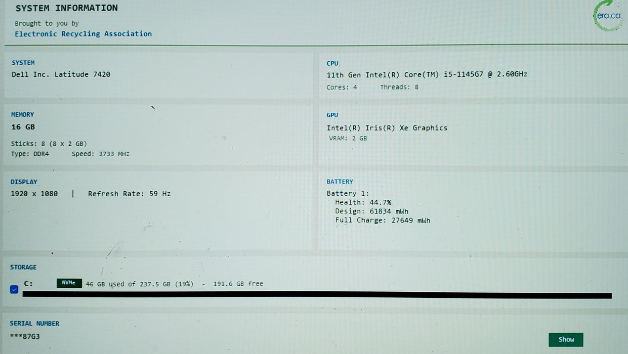 Dell Latitude 7420 Core i5-1145G7 2.60GHz 16GB RAM 256GB SSD