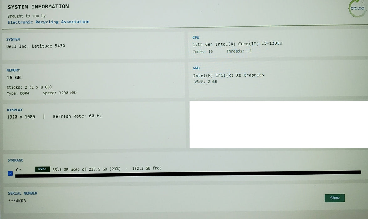 Dell Latitude 5430 Core i5-1235U 1.3GHz 16GB DDR4 RAM 256GB SSD