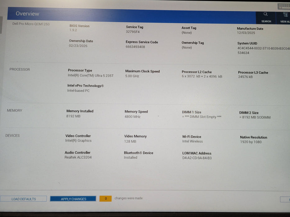 Dell Pro Micro QCM1250 Ultra 5 235T 8GB 256GB NVMe