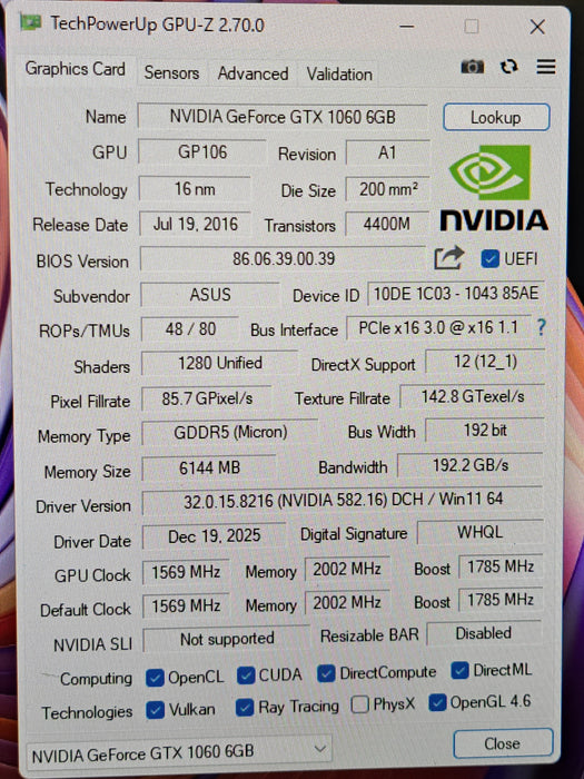 ASUS GeForce GTX 1060 6GB GDDR5 Graphics Card DUAL-GTX1060-06G
