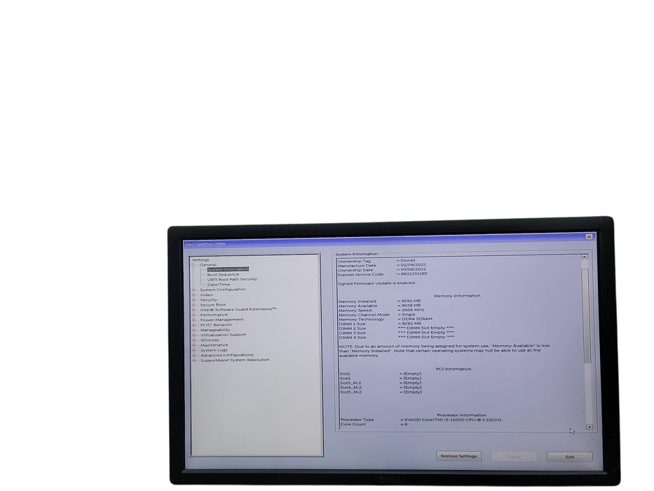 Dell Optiplex 7080 SFF i5 - 10500 @ 3.10GHz 8GB DDR4 Ram 8GB DDR4 Ram