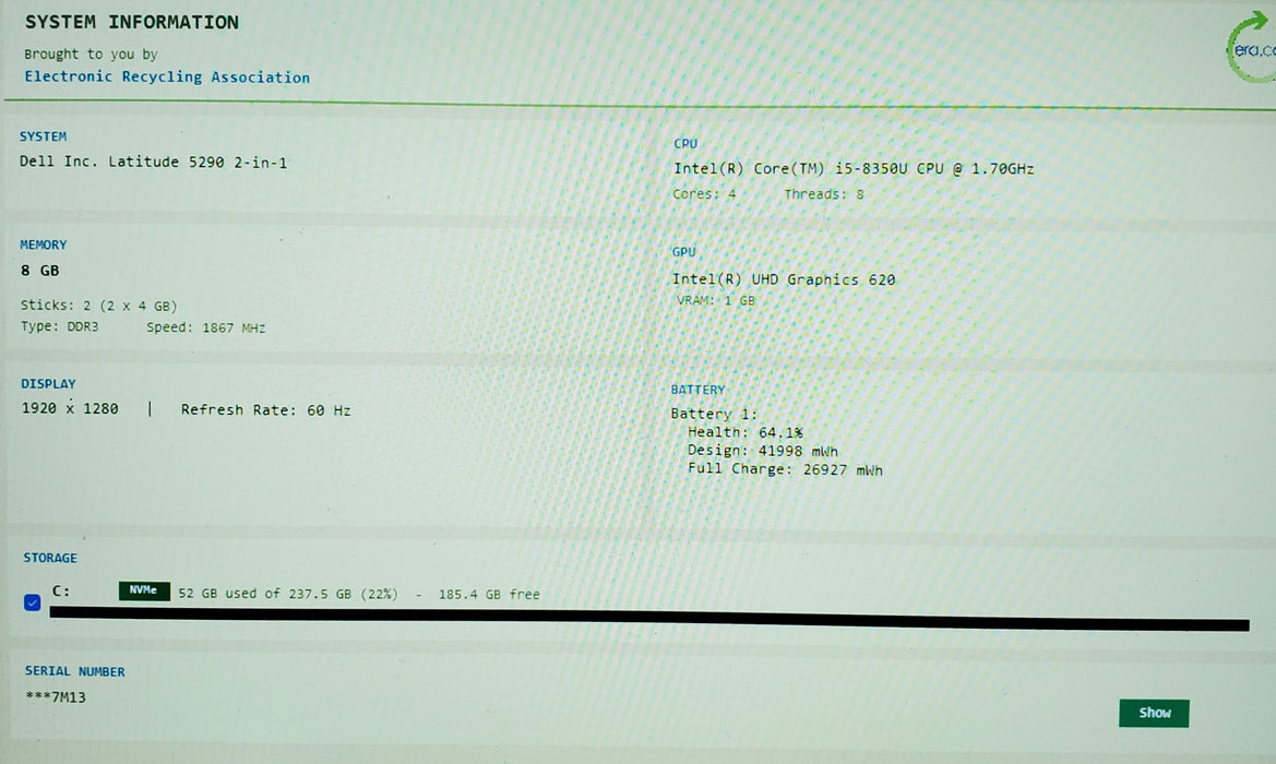Dell Latitude 5290 TOUCH 2 in 1 i5-8350U 8GB RAM 256GB SSD READ