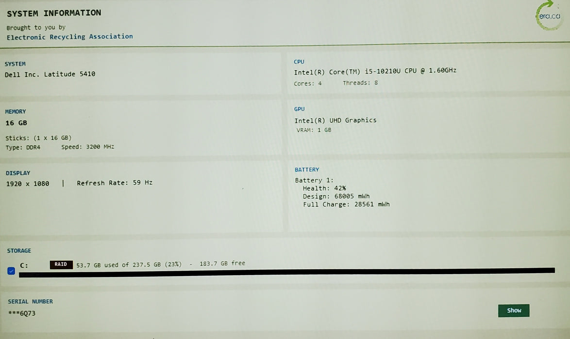 Dell Latitude 5410 I5-10210U @ 1.6GHz 16GB 256GB