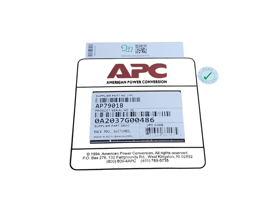 Open-Box APC AP7901B Switched Rack PDU 1U 20A 120V 8 NEMA 5-20R Outlet