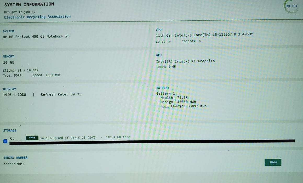 HP ProBook 450 G8 Core i5-1135G7 2.40GHz 16GB RAM 256GB SSD