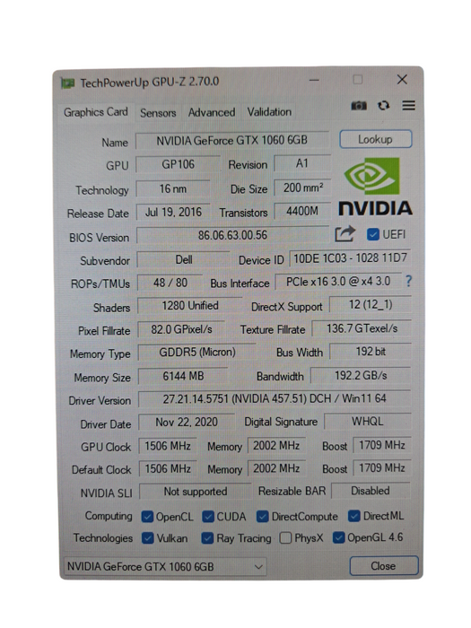 NVIDIA GTX 1060 6GB GDDR5 Graphics Card | 3x DP 1x HDMI 1x DVI