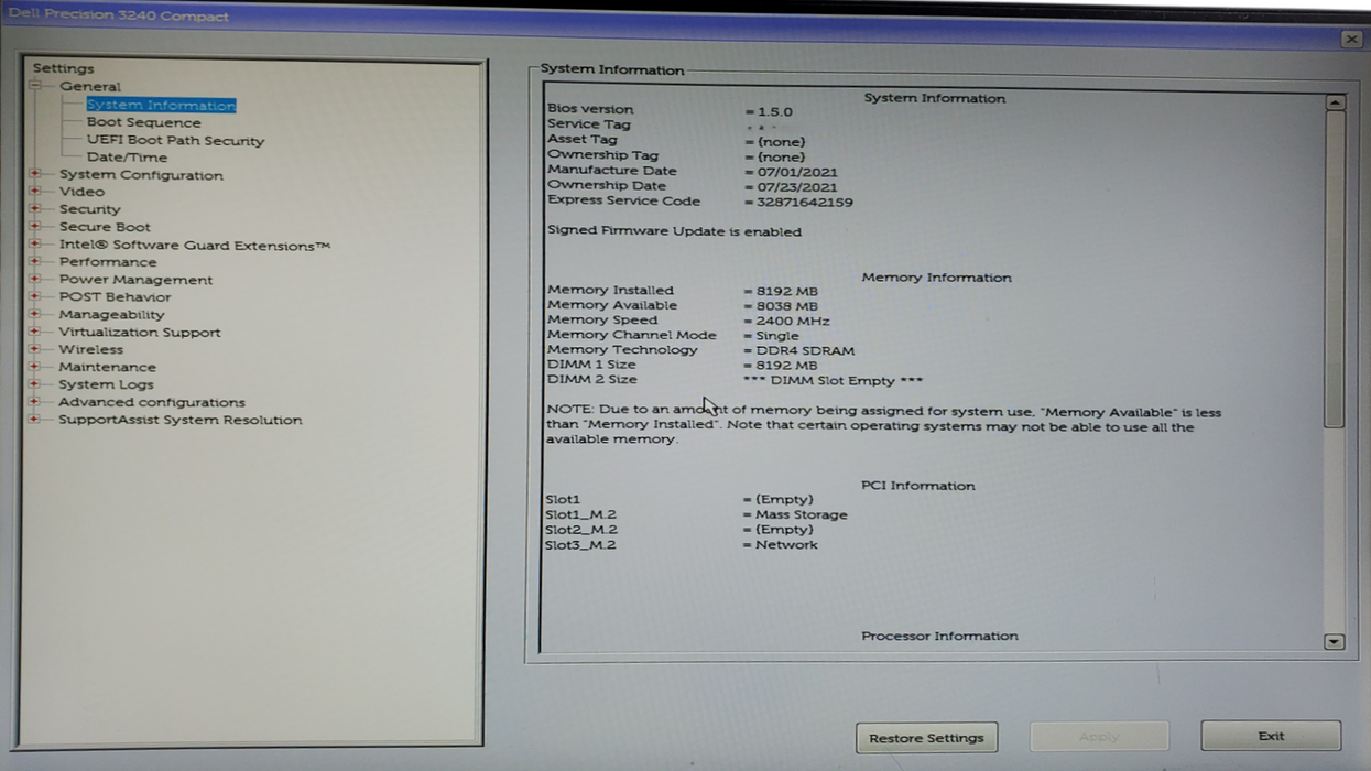Dell Precision 3240 Compact - Core i5-10500, 8GB DDR4, 256GB NVMe