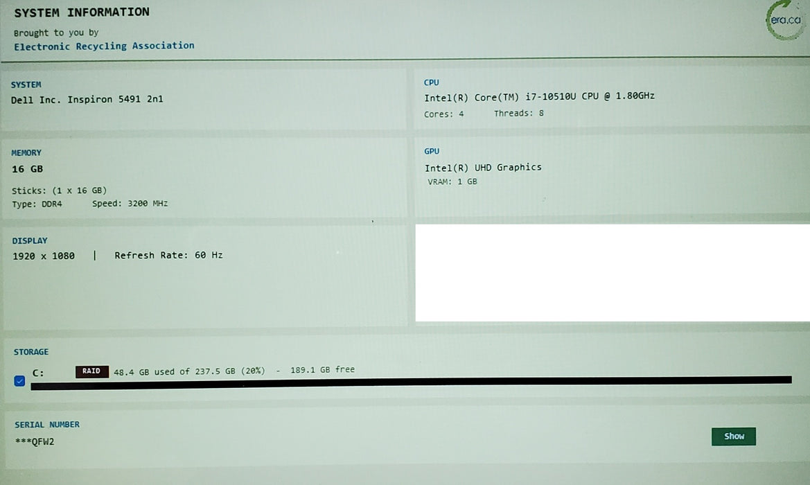 Dell Inspiron 5491 TOUCH 2-in-1 Intel i7-10510U 1.8GHz 16GB RAM 256GB NVM