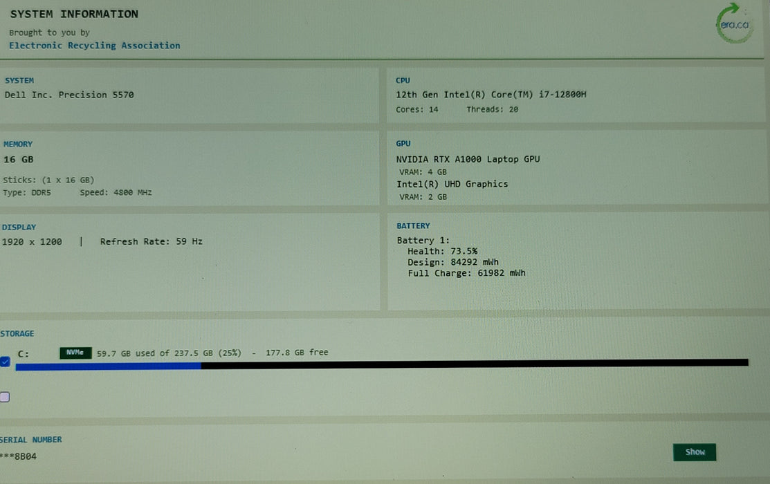 Dell Precision 5570 i7-12800H 16GB DDR5 RTX A1000 256GB NVMe No Adapter READ