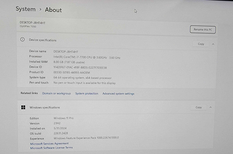 Dell OptiPlex 7050 SFF Intel |i7 7700 3.60GHz |8GB RAM| 256GB