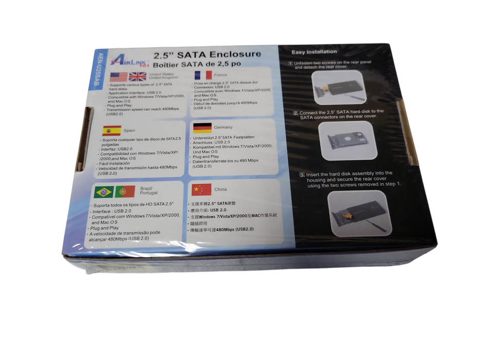 AirLink AEN-U25SAB 3.0 Portable External 2.5 SATA Hard Drive Case Enclosure NEW