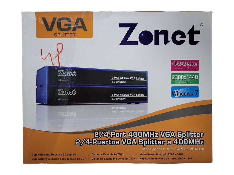 New OPEN BOX - ZONET Networking ZVS4204 2/4 Ports 400MHZ VGA Splitter