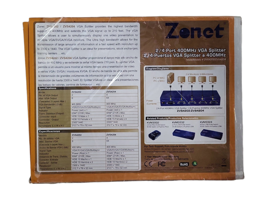 New OPEN BOX - ZONET Networking ZVS4204 2/4 Ports 400MHZ VGA Splitter