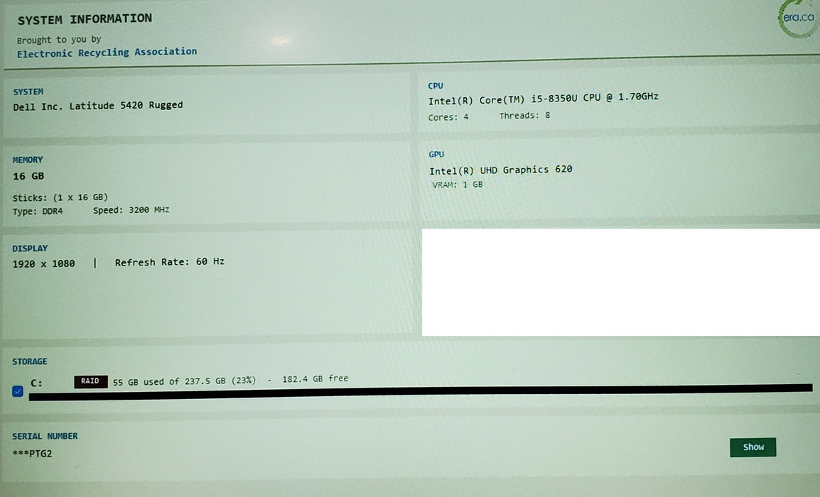 Dell Latitude 5420 Rugged 14" i5-8350U 1.70GHZ 16GB RAM 256GB NVMe
