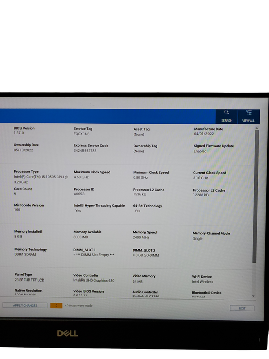 Dell OptiPlex 7490 AIO Intel i5 10505 3.20GHz 8GB RAM 23.8" FHD  NO-HDD/SSD