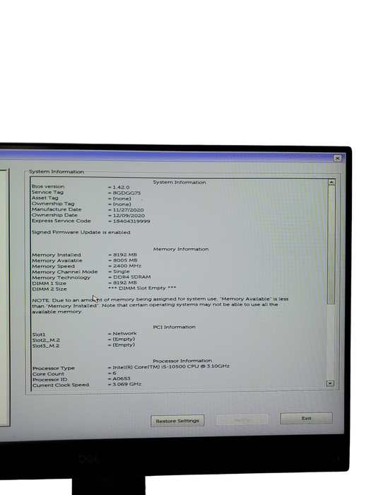 Dell OptiPlex 7480 AIO Intel i5 10500 3.10GHz 8GB RAM 23.8" FHD NO-HDD/SSD