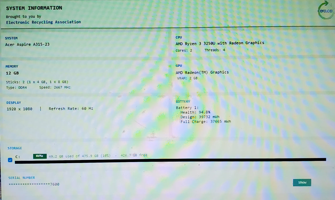 Acer Aspire A315-23 AMD RYZEN 3 3250U 12GB RAM 512GB SSD