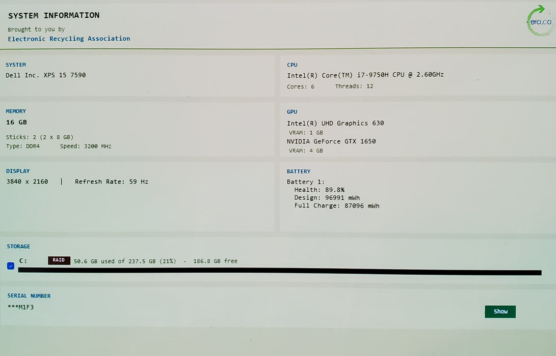 Dell XPS 15 7590 4k 15" i7-9750H GTX1650 4GB GPU 16GB RAM 256GB SSD