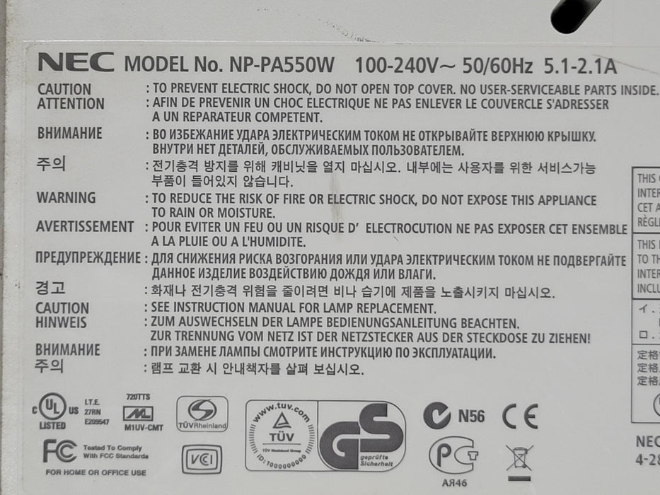 NEC NP-PA550W 5500 Lumens WXGA Projector w/ 1807 Lamp Hours, No Remote