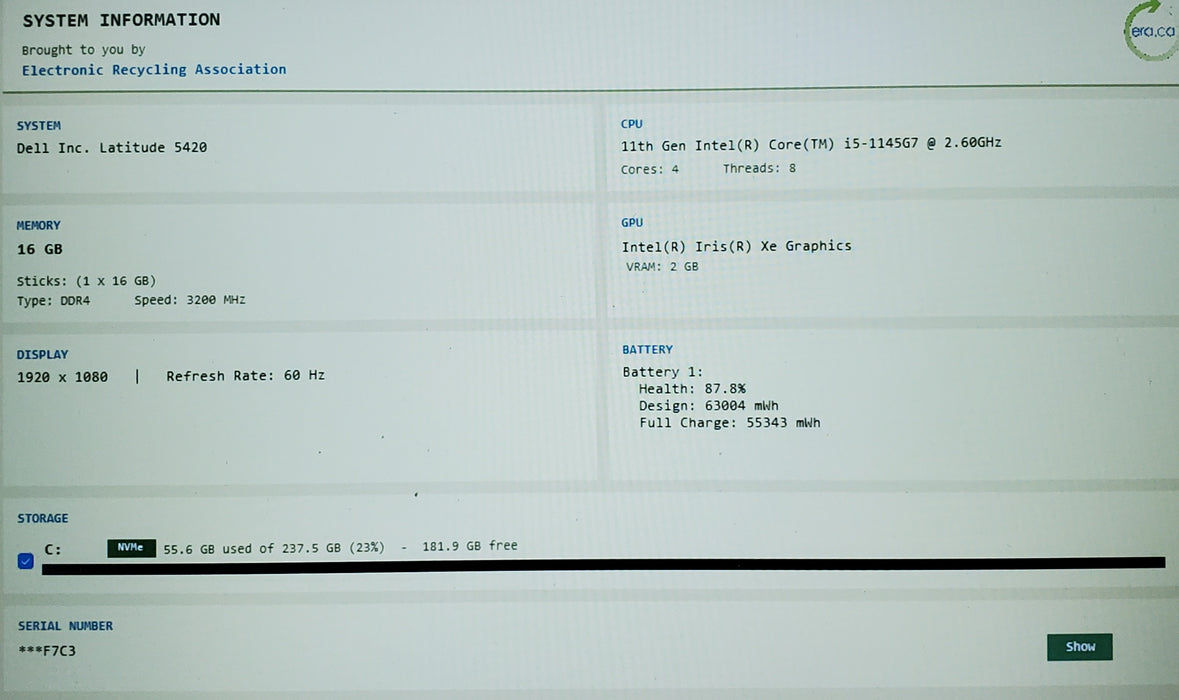 Dell Latitude 5420 Core i5-1145G7 2.6GHz 16GB DDR4 RAM 256GB SSD