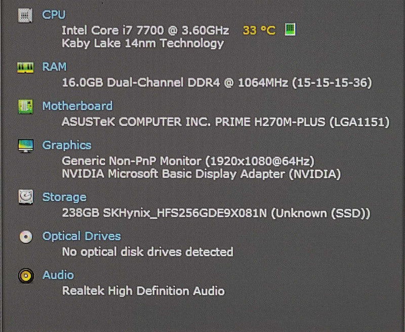 Custom PC/ASUS PRIME H270M-PLUS, i7-7700 3.60GHz, 16GB DDR4, 256GB NVMe, Quadro K2200 Q