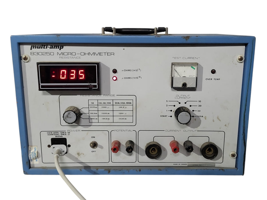 Multi-Amp 830250 Megger 100A Micro-Ohmmeter with Leads NIST Calibrated DLRO, SEE