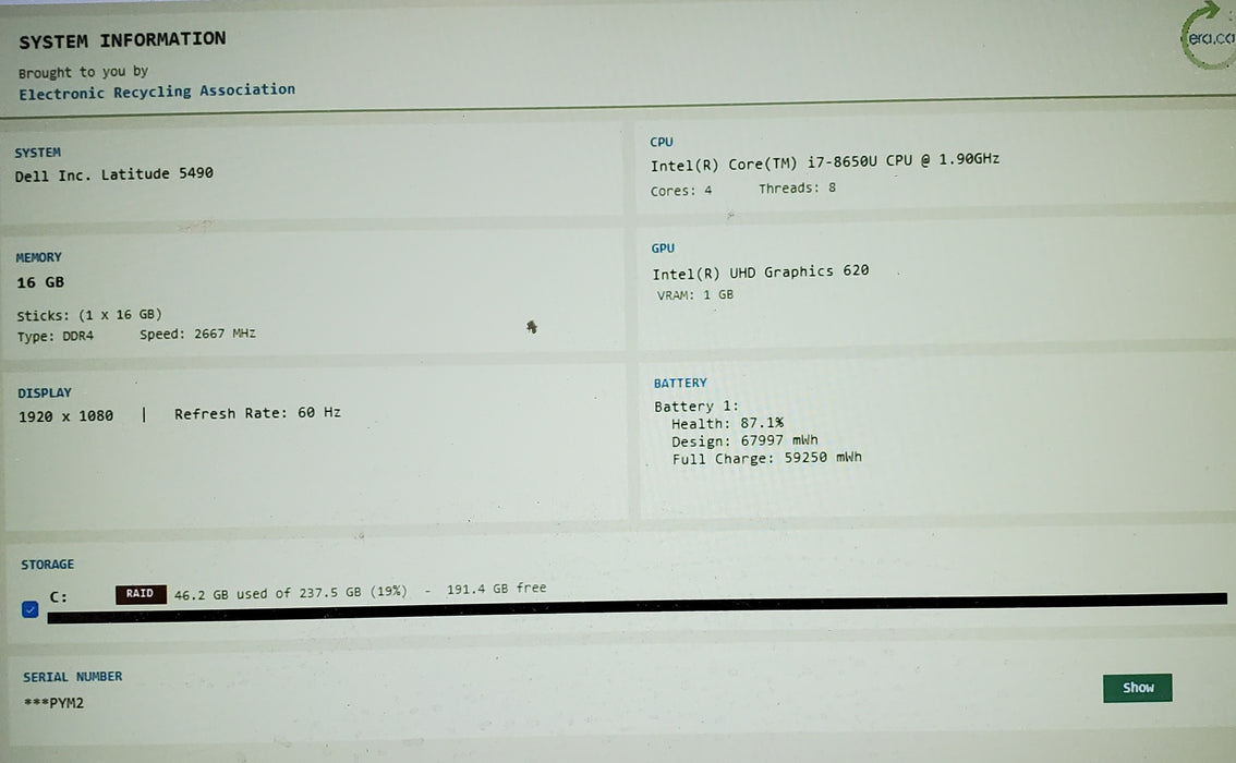 Dell Latitude Laptop 5490 14" i7-8650U 16GB 256GB SSD