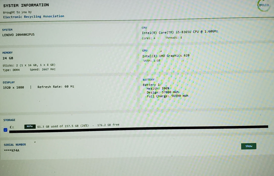 Lenovo T590 I5-8365U 24GB RAM 256GB NvME SSD READ
