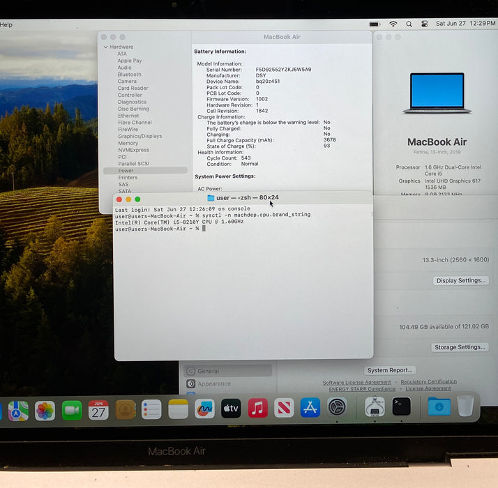 Apple MacBook Air 13" 2019 i5-8210Y 8GB RAM 128GB SSD No Power Adapter