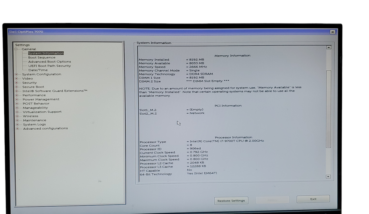 Dell OPTIPLEX 7070 MICRO PC i7-9700T 2.00GHz 8GB RAM NO-HDD/SSD