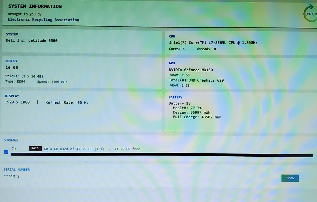 Dell Latitude 3500 Quad Core i7-8565U 1.80 GHz 16GB RAM 256GB SSD MX130 READ