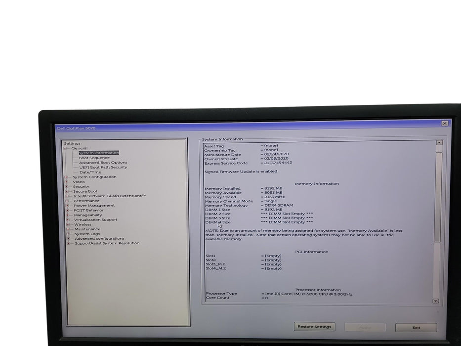 Dell Optiplex 5070 SFF i7 - 9700 @ 3.00GHz 8GB DDR4 Ram No HDD