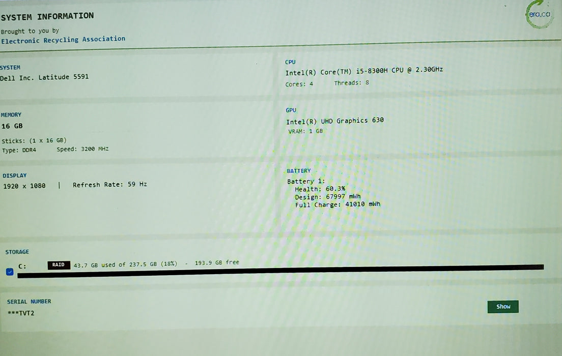 Dell Latitude 5591 15.6" I5-8300H 16GB DDR4 256GB SSD