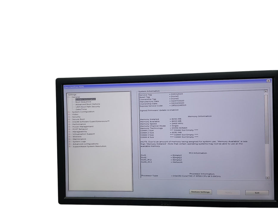 Dell Optiplex 7070 SFF i7 - 9700 @ 3.00GHz 8GB DDR4 Ram No HDD