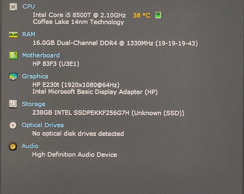 HP ProDesk 400 G4 USFF, i5-8500T 2.10GHz 6C, 16GB DDR4, 256GB Nvme, WiFi