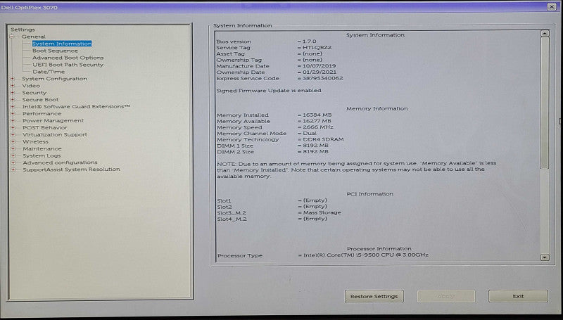 Dell OptiPlex 3070, Core i5-9500 3.00GHz, 16GB RAM, 256GB NVMe